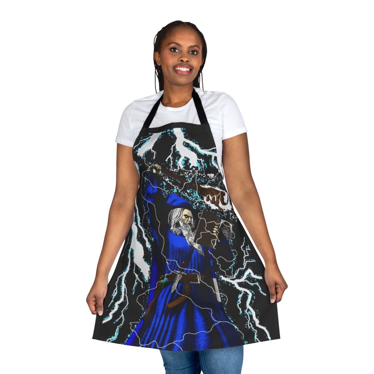 Traditional high fantasy wizard with blue apron and magical lightning staff