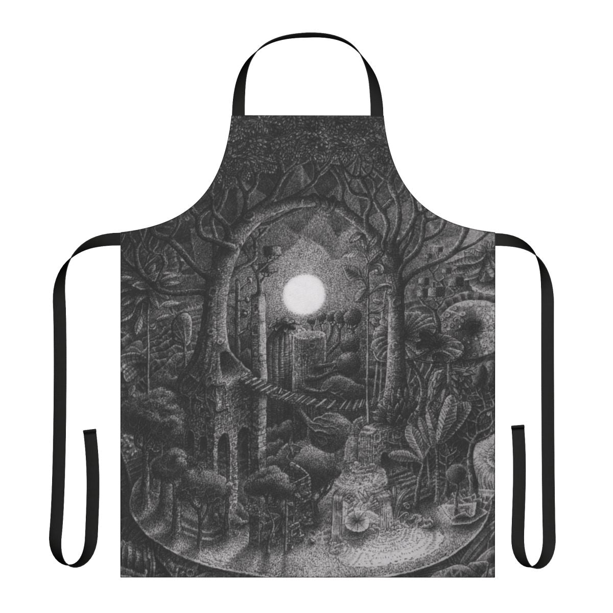 Detailed apron featuring a full moon and trees in a fantasy forest, created by artist Jonathan Nix