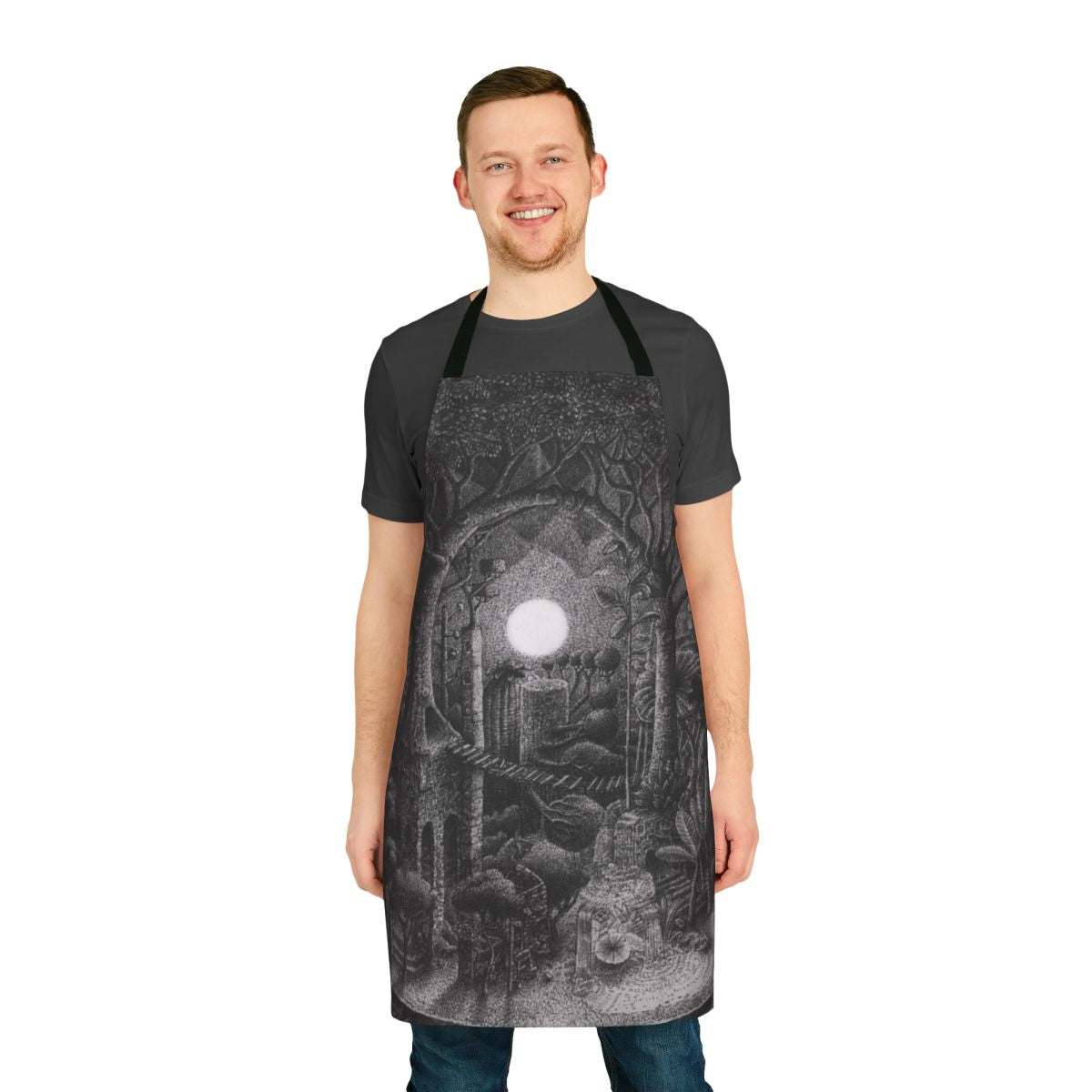 Detailed apron featuring a full moon and trees in a fantasy forest, created by artist Jonathan Nix