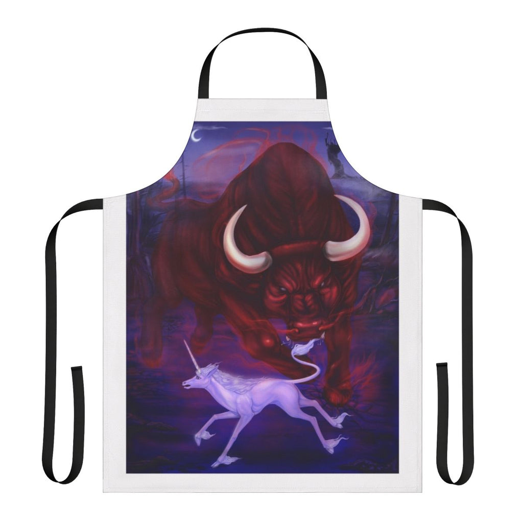 Whimsical apron featuring a unicorn and a bull in a fiery, fantastical scene