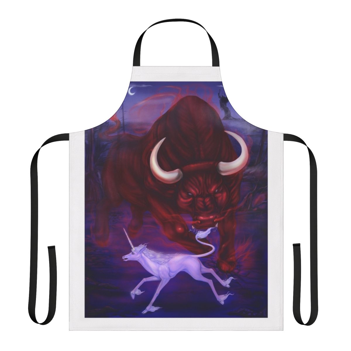 Whimsical apron featuring a unicorn and a bull in a fiery, fantastical scene