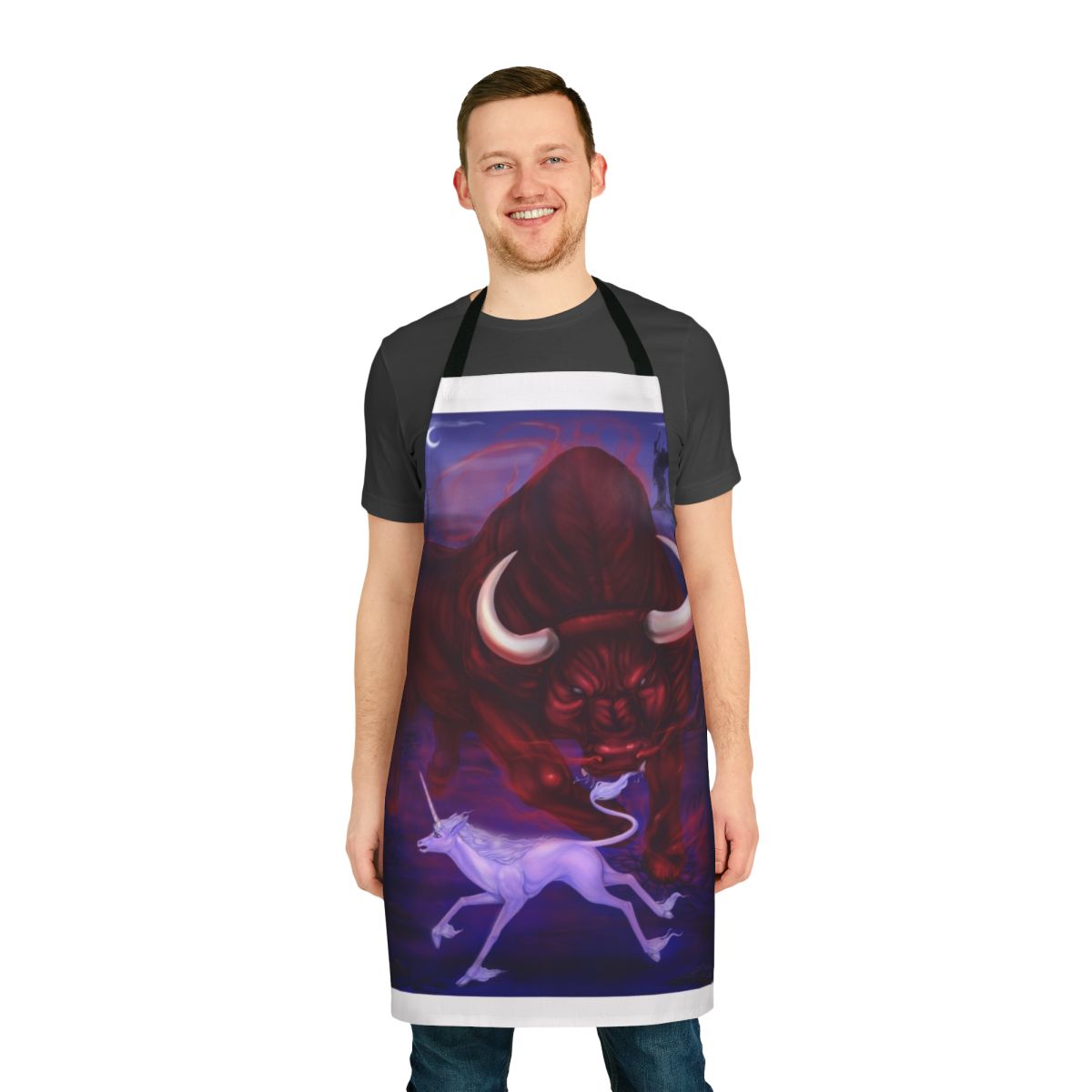 Whimsical apron featuring a unicorn and a bull in a fiery, fantastical scene