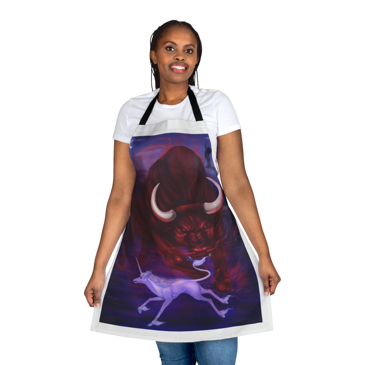 Whimsical apron featuring a unicorn and a bull in a fiery, fantastical scene