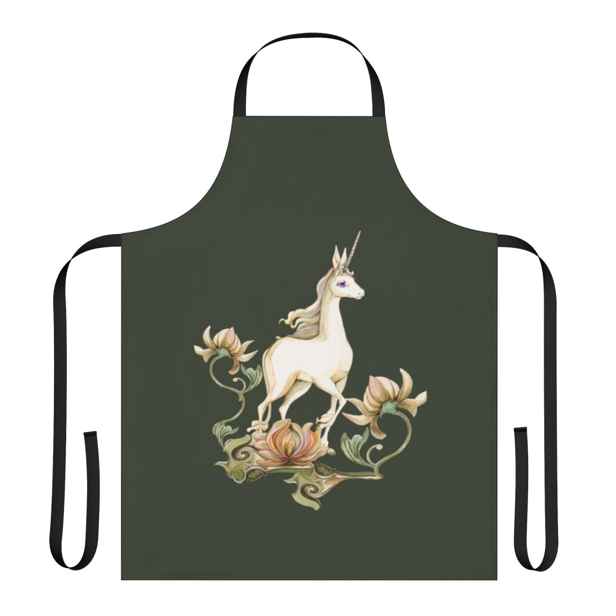 A whimsical apron featuring a unicorn in a floral garden, inspired by the fantasy film "The Last Unicorn"