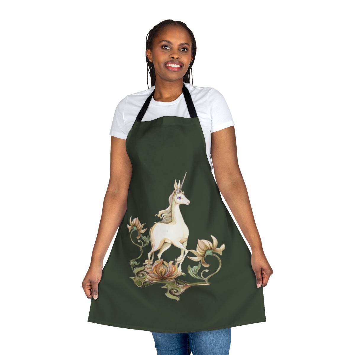 A whimsical apron featuring a unicorn in a floral garden, inspired by the fantasy film "The Last Unicorn"