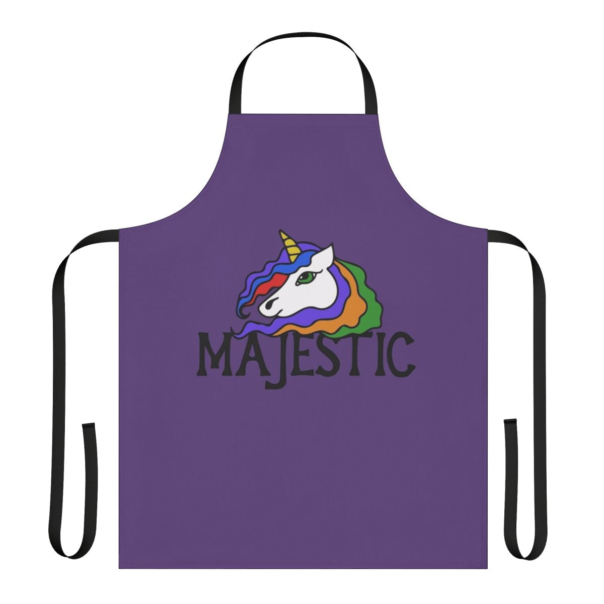 A vibrant and whimsical unicorn apron featuring a majestic rainbow design.