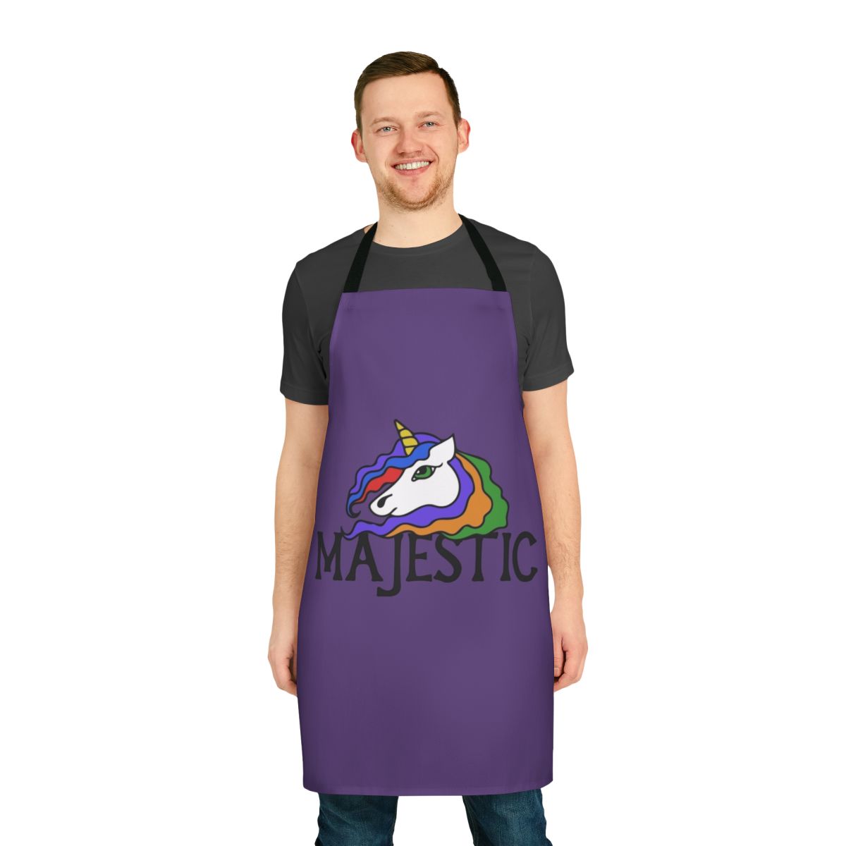A vibrant and whimsical unicorn apron featuring a majestic rainbow design.