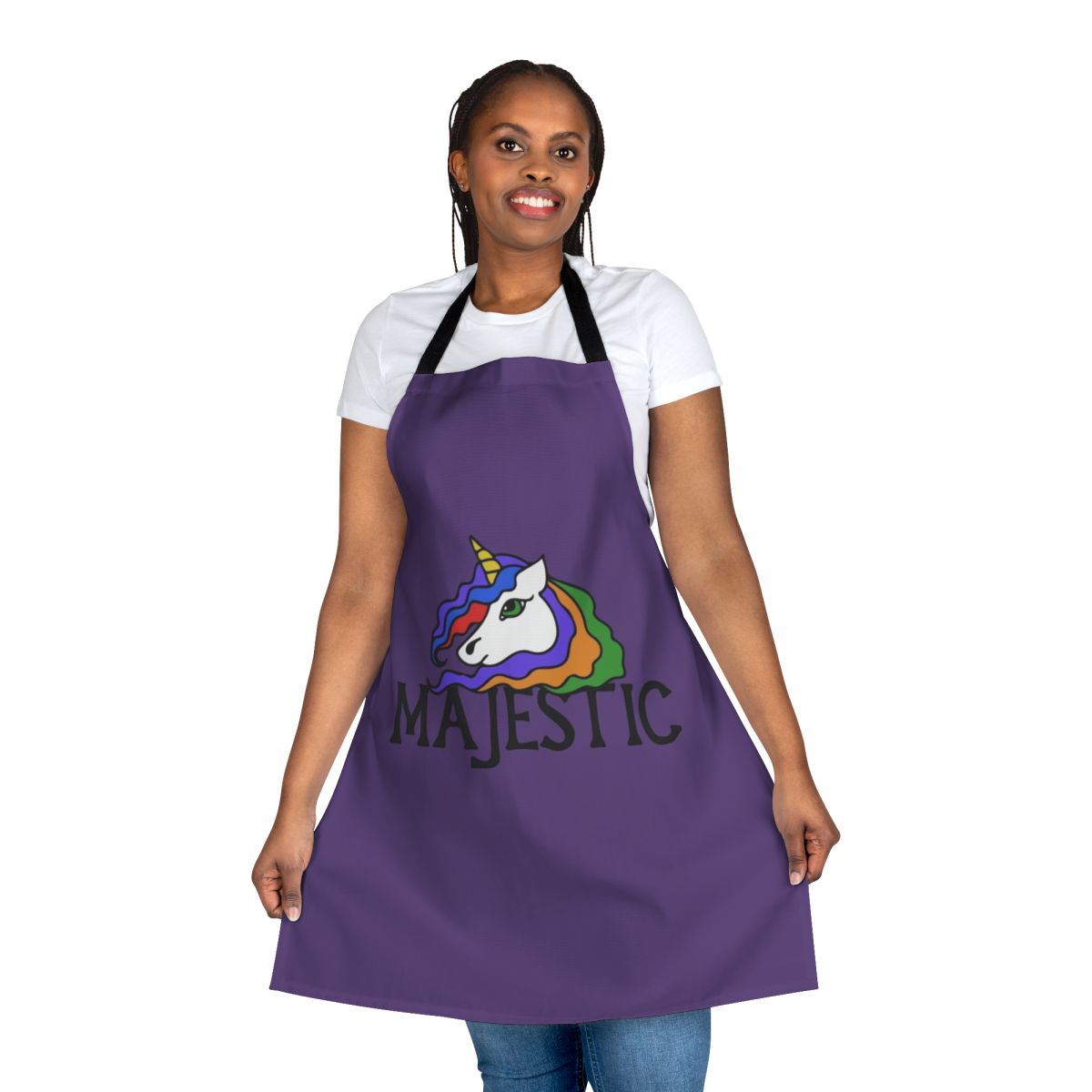 A vibrant and whimsical unicorn apron featuring a majestic rainbow design.
