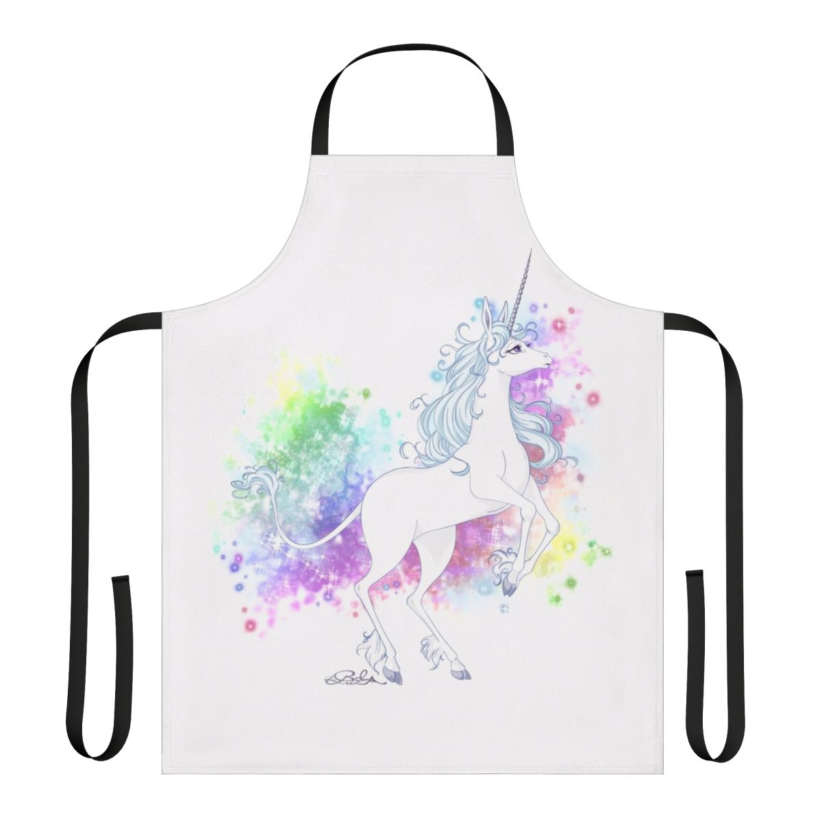 A vibrant unicorn-themed apron with a magical design, perfect for cooking or crafting.