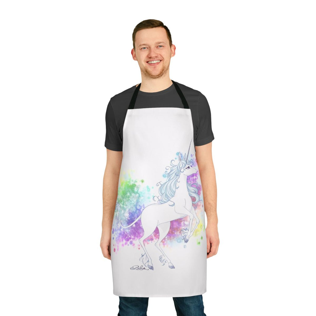 A vibrant unicorn-themed apron with a magical design, perfect for cooking or crafting.