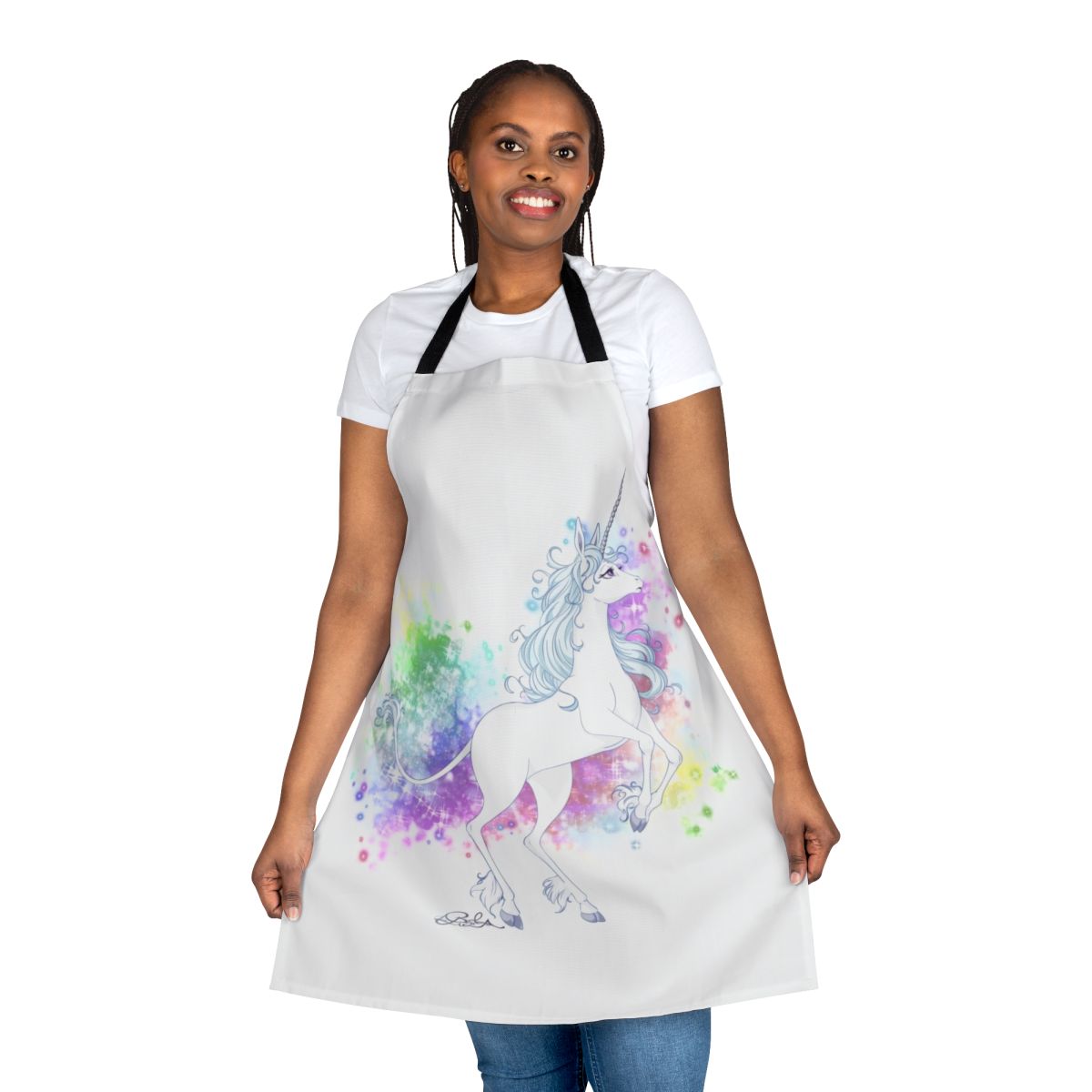 A vibrant unicorn-themed apron with a magical design, perfect for cooking or crafting.