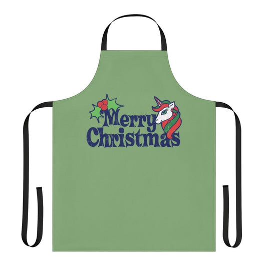 Whimsical illustration of a unicorn on a high-quality apron perfect for the holiday season