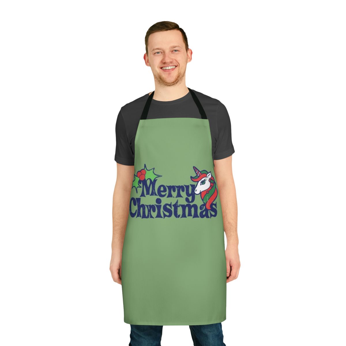 Whimsical illustration of a unicorn on a high-quality apron perfect for the holiday season
