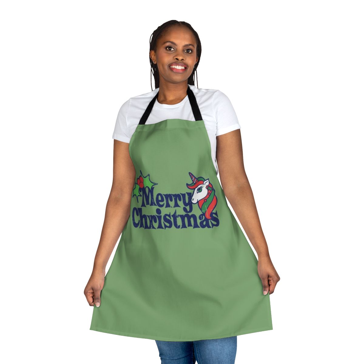 Whimsical illustration of a unicorn on a high-quality apron perfect for the holiday season
