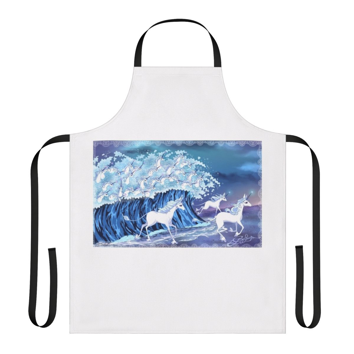 Whimsical apron featuring a design of unicorns swimming in the sea