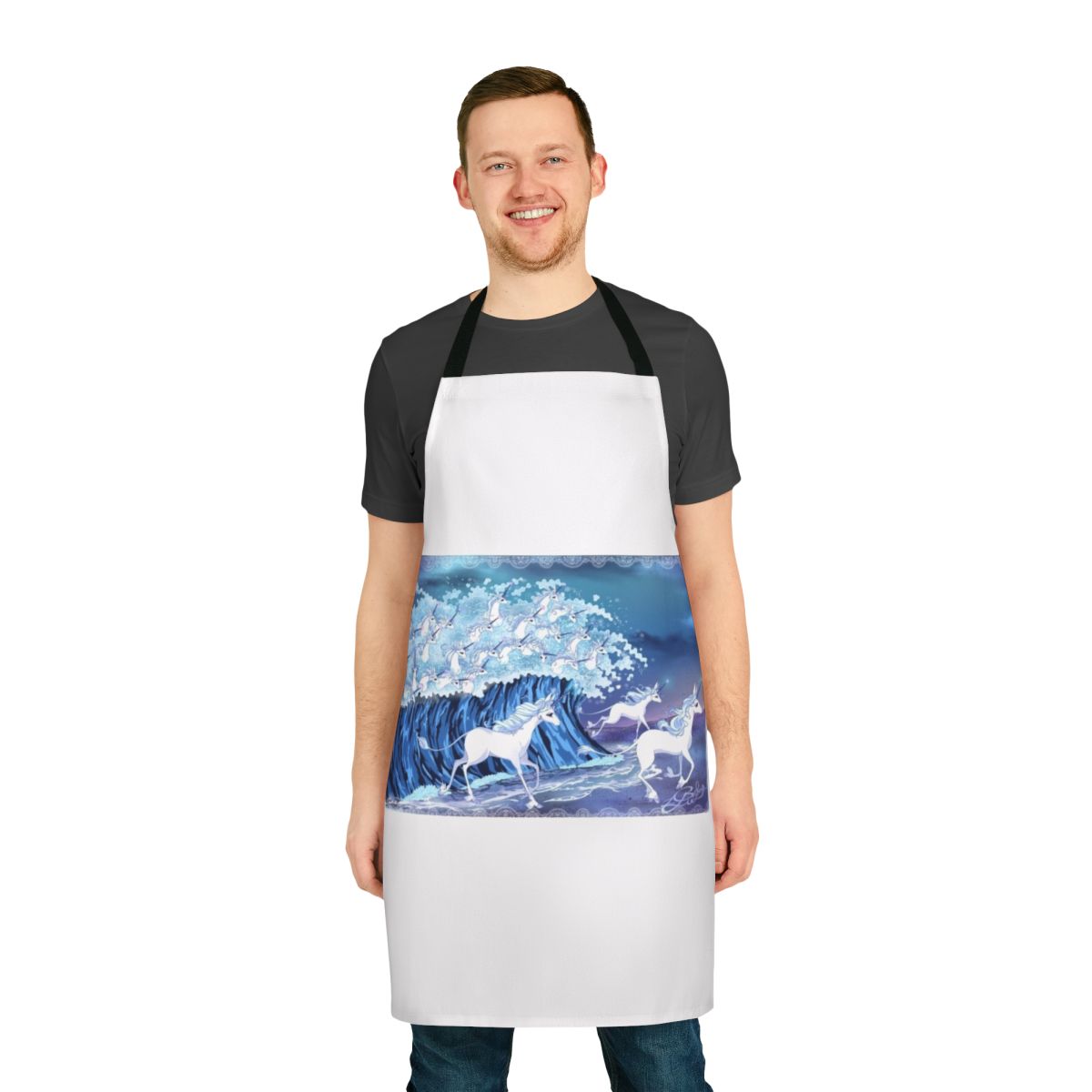 Whimsical apron featuring a design of unicorns swimming in the sea