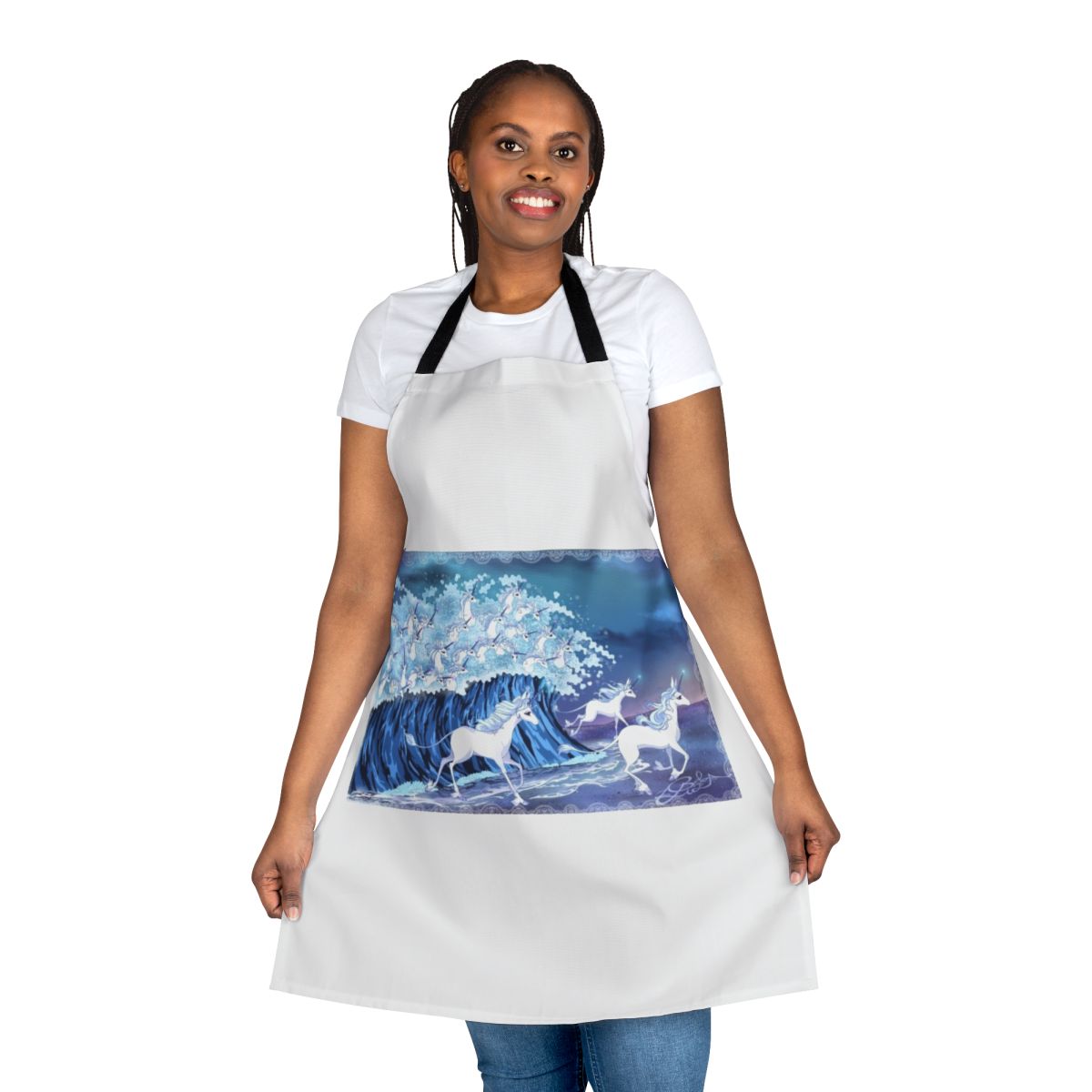 Whimsical apron featuring a design of unicorns swimming in the sea
