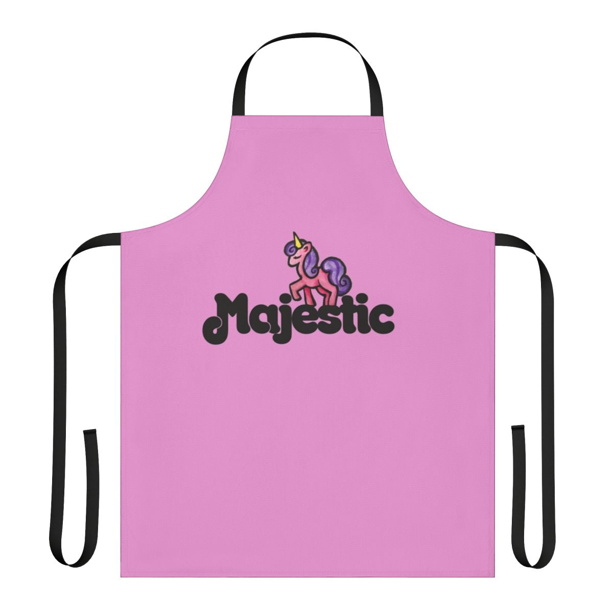 A pink and white apron with a magical unicorn design, perfect for the kitchen.