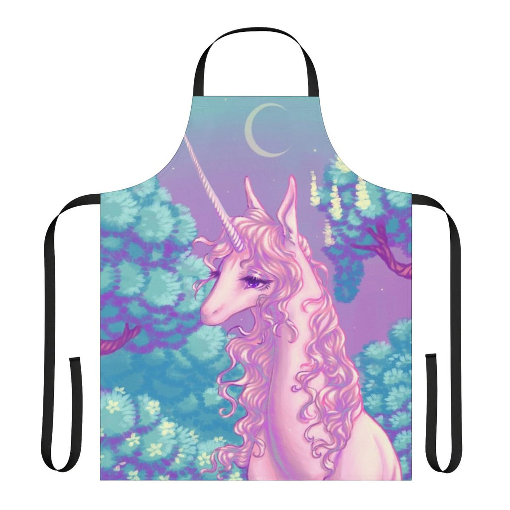 Whimsical apron featuring a unicorn and forest scene from the beloved 80s animated film 'The Last Unicorn'