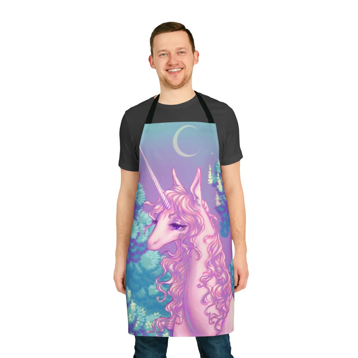 Whimsical apron featuring a unicorn and forest scene from the beloved 80s animated film 'The Last Unicorn'