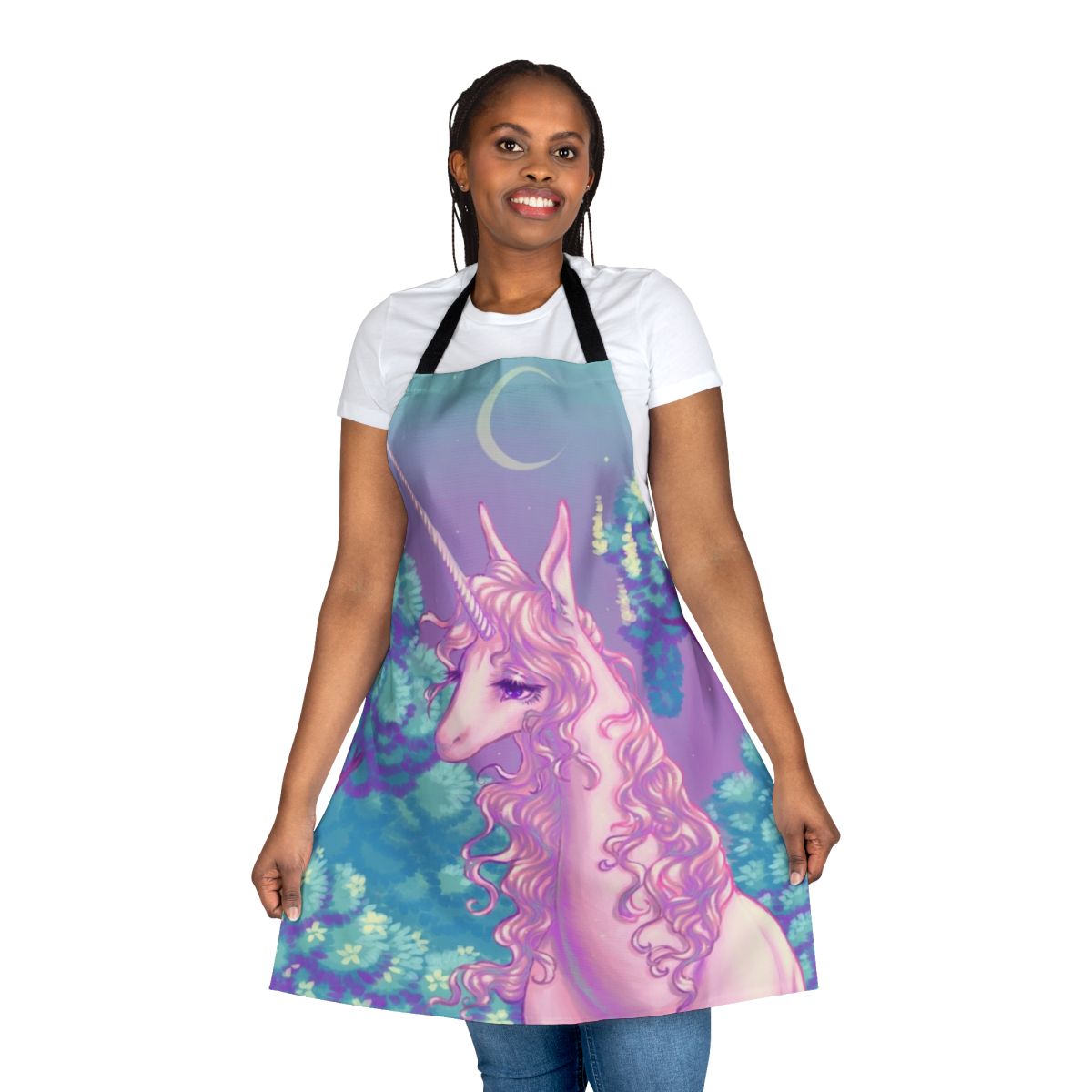 Whimsical apron featuring a unicorn and forest scene from the beloved 80s animated film 'The Last Unicorn'