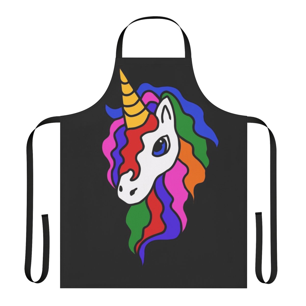 Whimsical unicorn apron with a colorful retro-inspired rainbow pattern