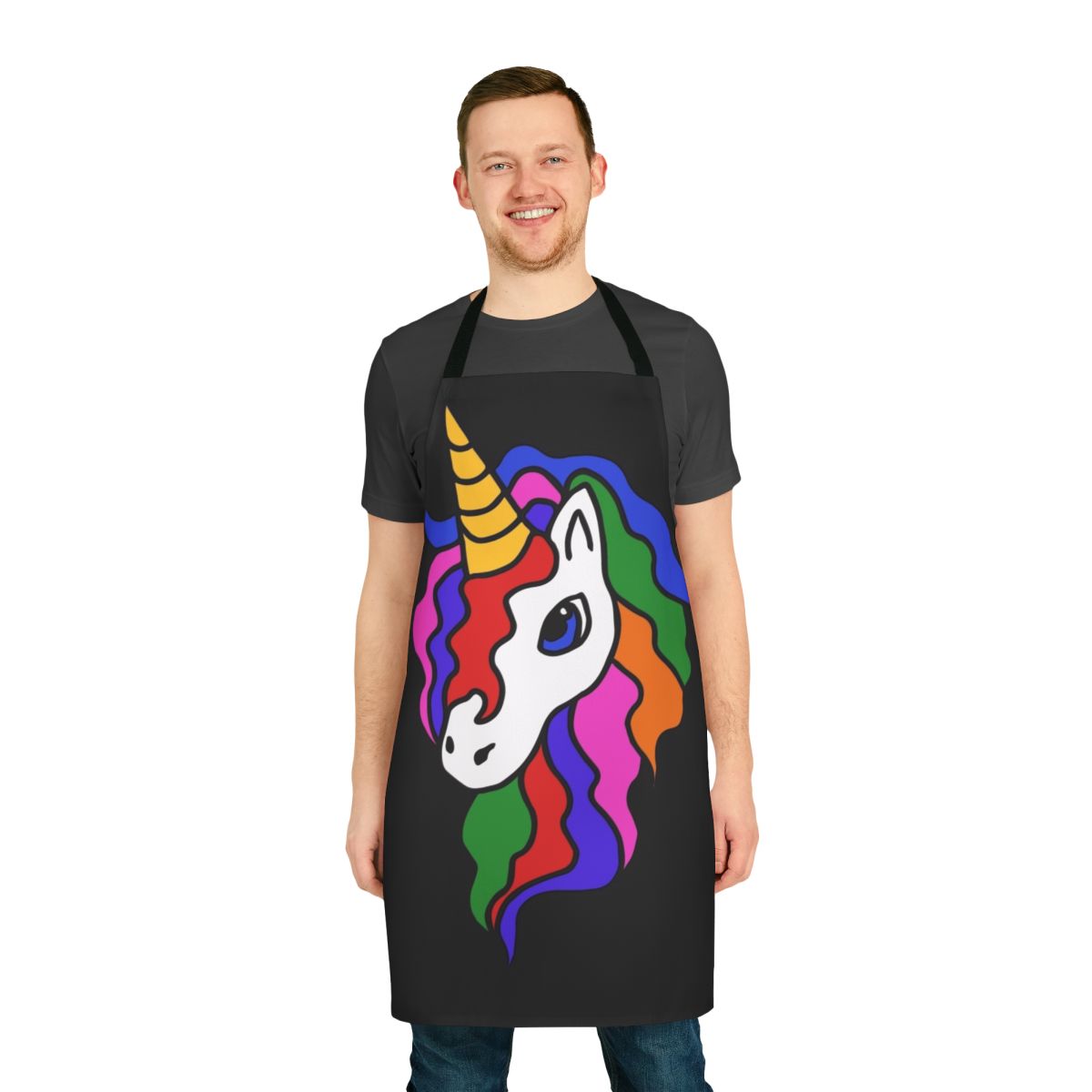 Whimsical unicorn apron with a colorful retro-inspired rainbow pattern