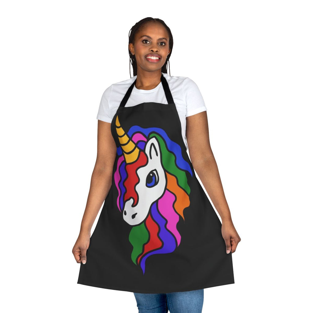 Whimsical unicorn apron with a colorful retro-inspired rainbow pattern