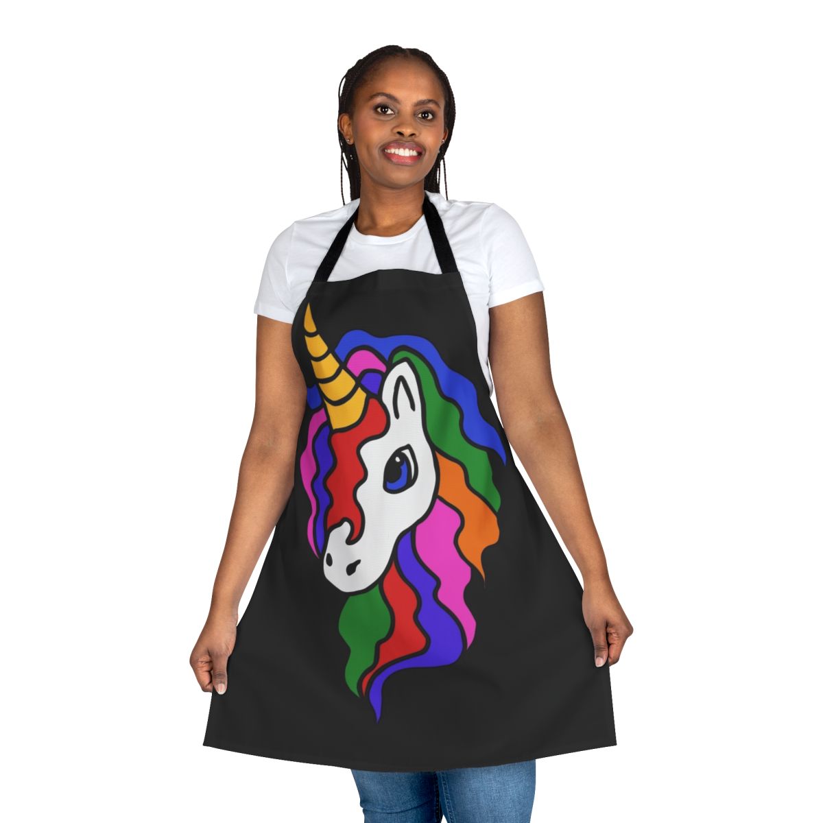 Whimsical unicorn apron with a colorful retro-inspired rainbow pattern