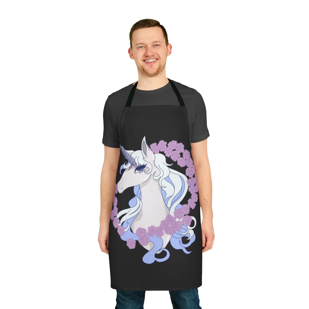 A high-quality apron featuring a beautiful illustration of Lady Amalthea, the central character from the classic fantasy film The Last Unicorn.