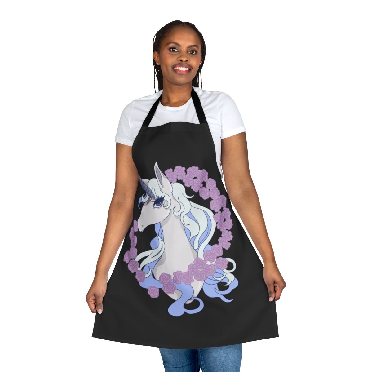A high-quality apron featuring a beautiful illustration of Lady Amalthea, the central character from the classic fantasy film The Last Unicorn.