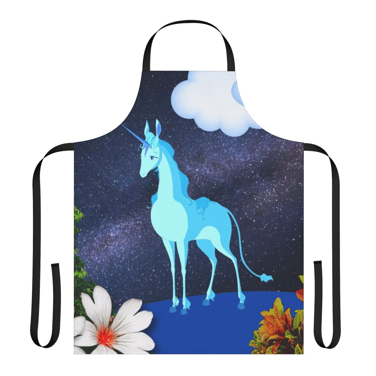 Whimsical apron featuring a magical unicorn in an art nouveau-style lunar landscape