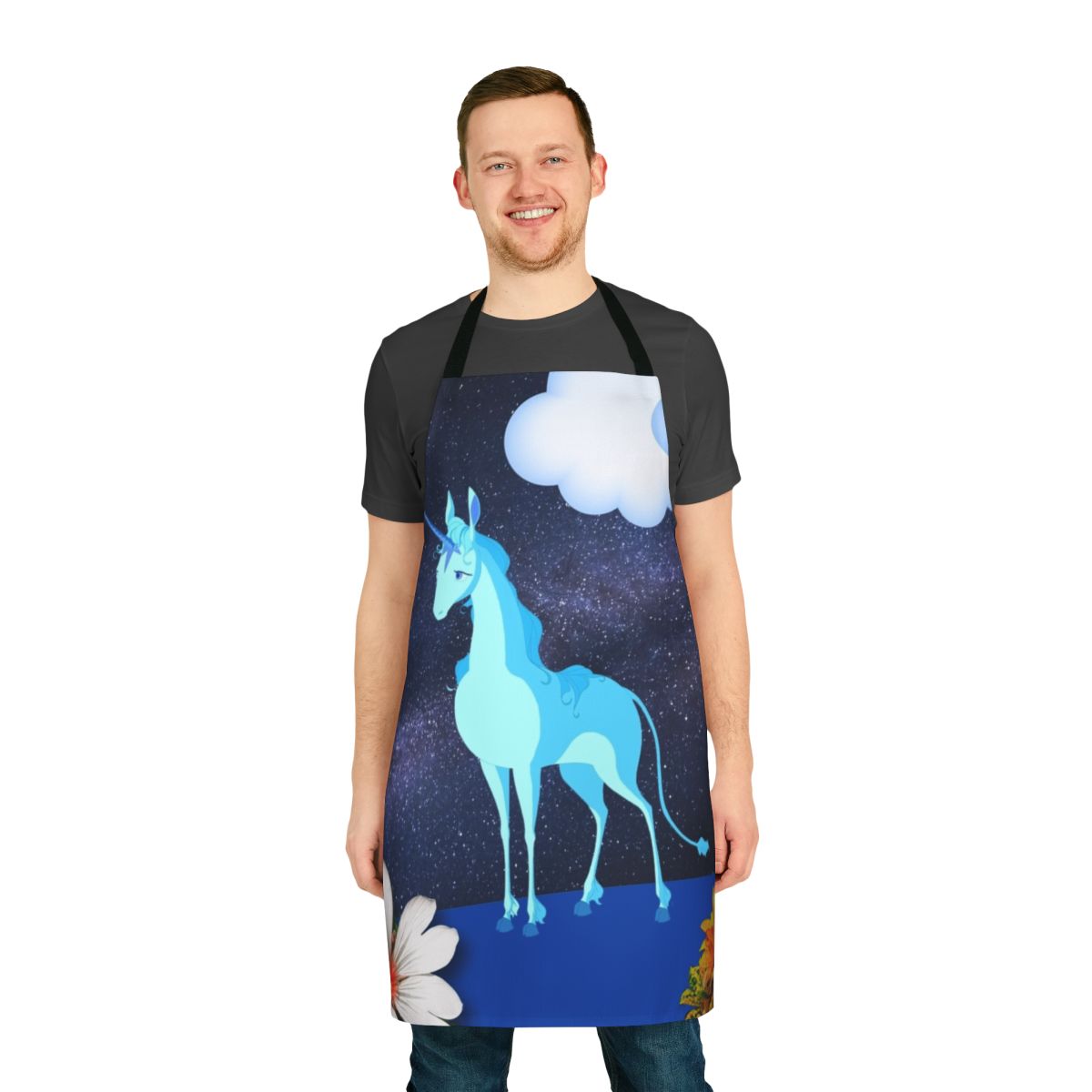 Whimsical apron featuring a magical unicorn in an art nouveau-style lunar landscape