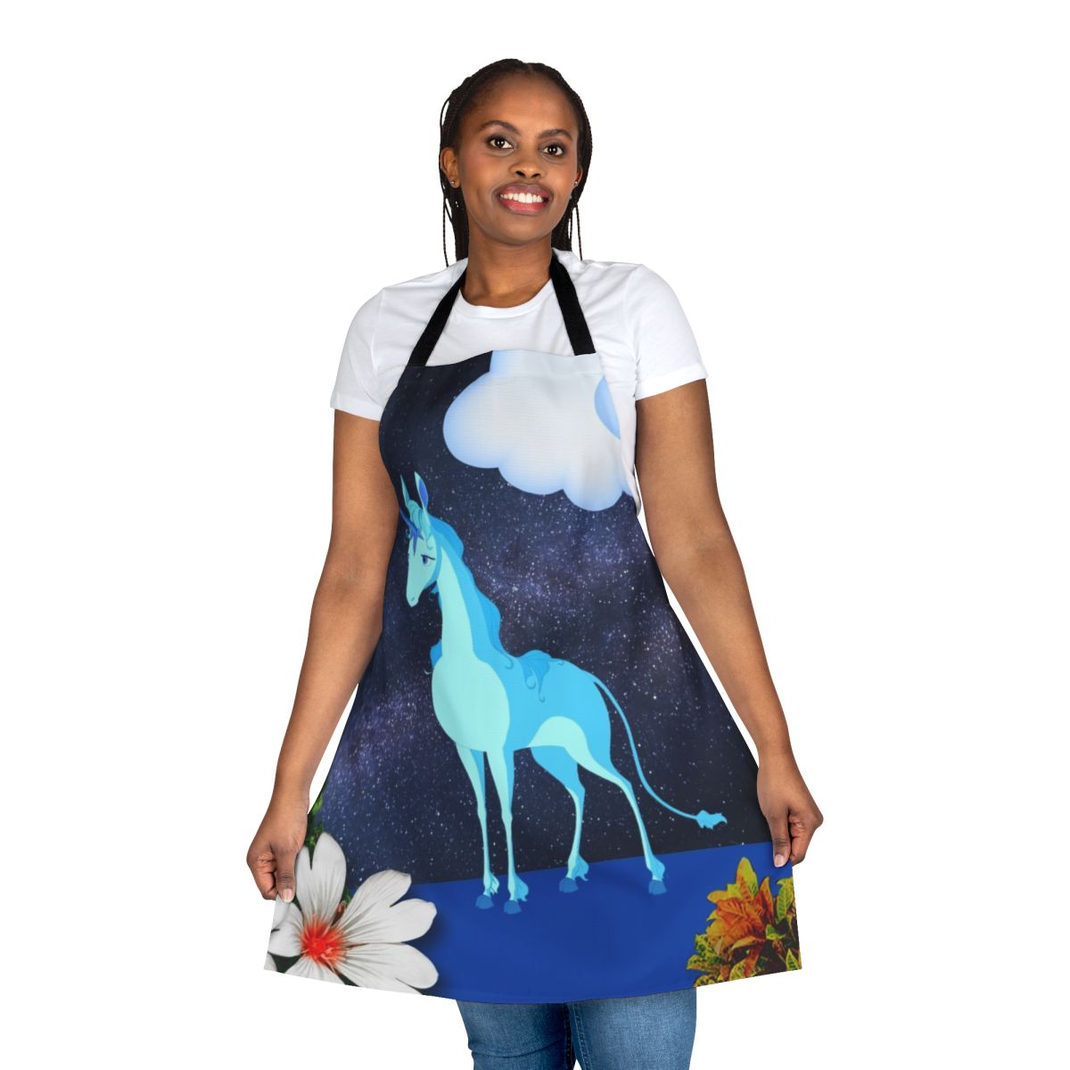 Whimsical apron featuring a magical unicorn in an art nouveau-style lunar landscape
