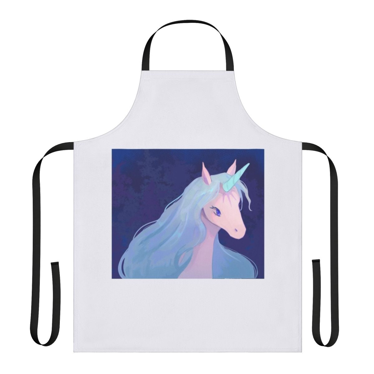 Whimsical apron featuring a detailed illustration of the magical unicorn from the classic 80s fantasy film "The Last Unicorn".