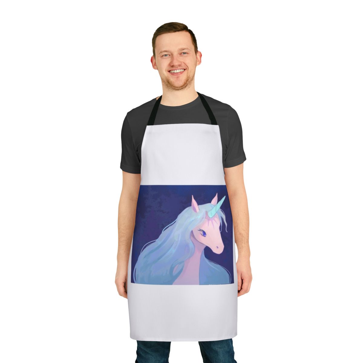 Whimsical apron featuring a detailed illustration of the magical unicorn from the classic 80s fantasy film "The Last Unicorn".