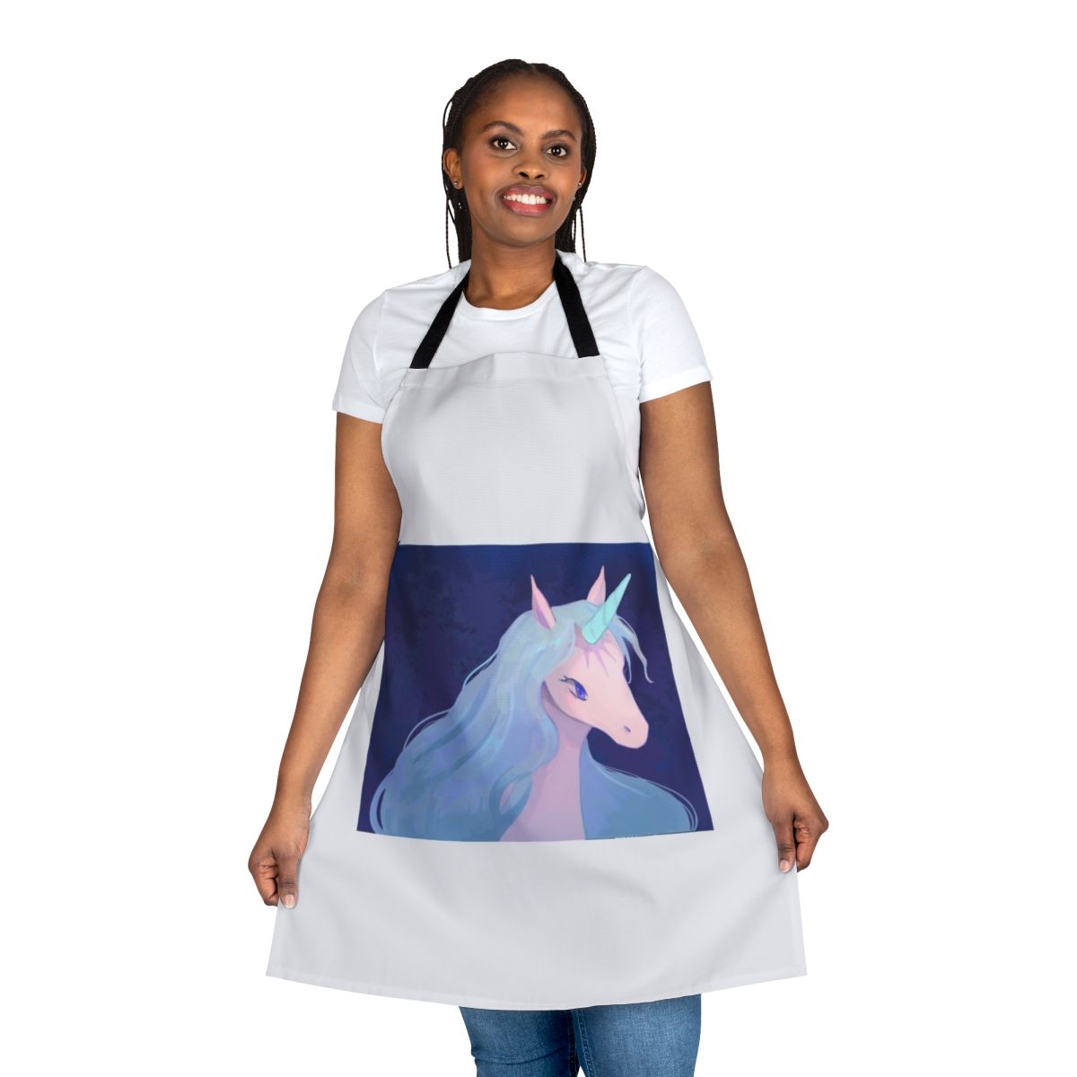Whimsical apron featuring a detailed illustration of the magical unicorn from the classic 80s fantasy film "The Last Unicorn".