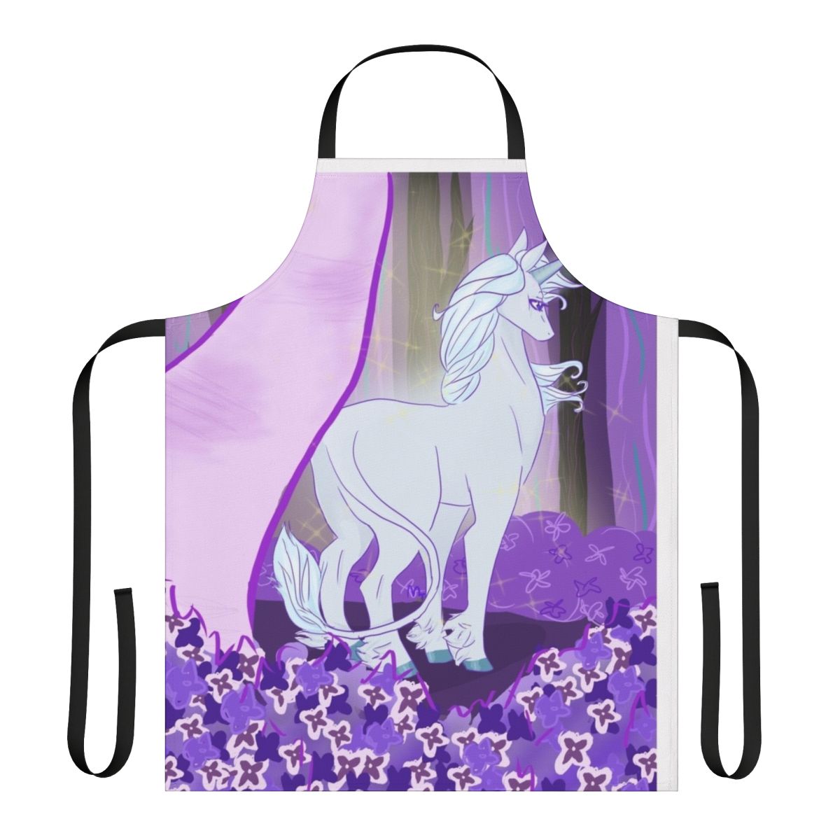 Whimsical apron featuring a unicorn in a lilac and purple forest setting
