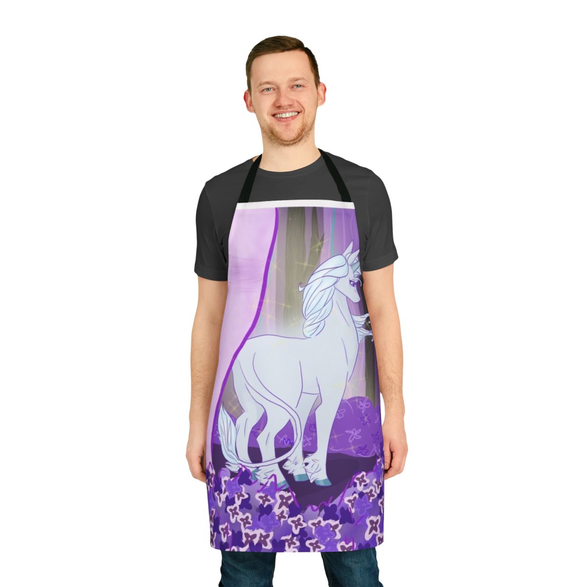 Whimsical apron featuring a unicorn in a lilac and purple forest setting