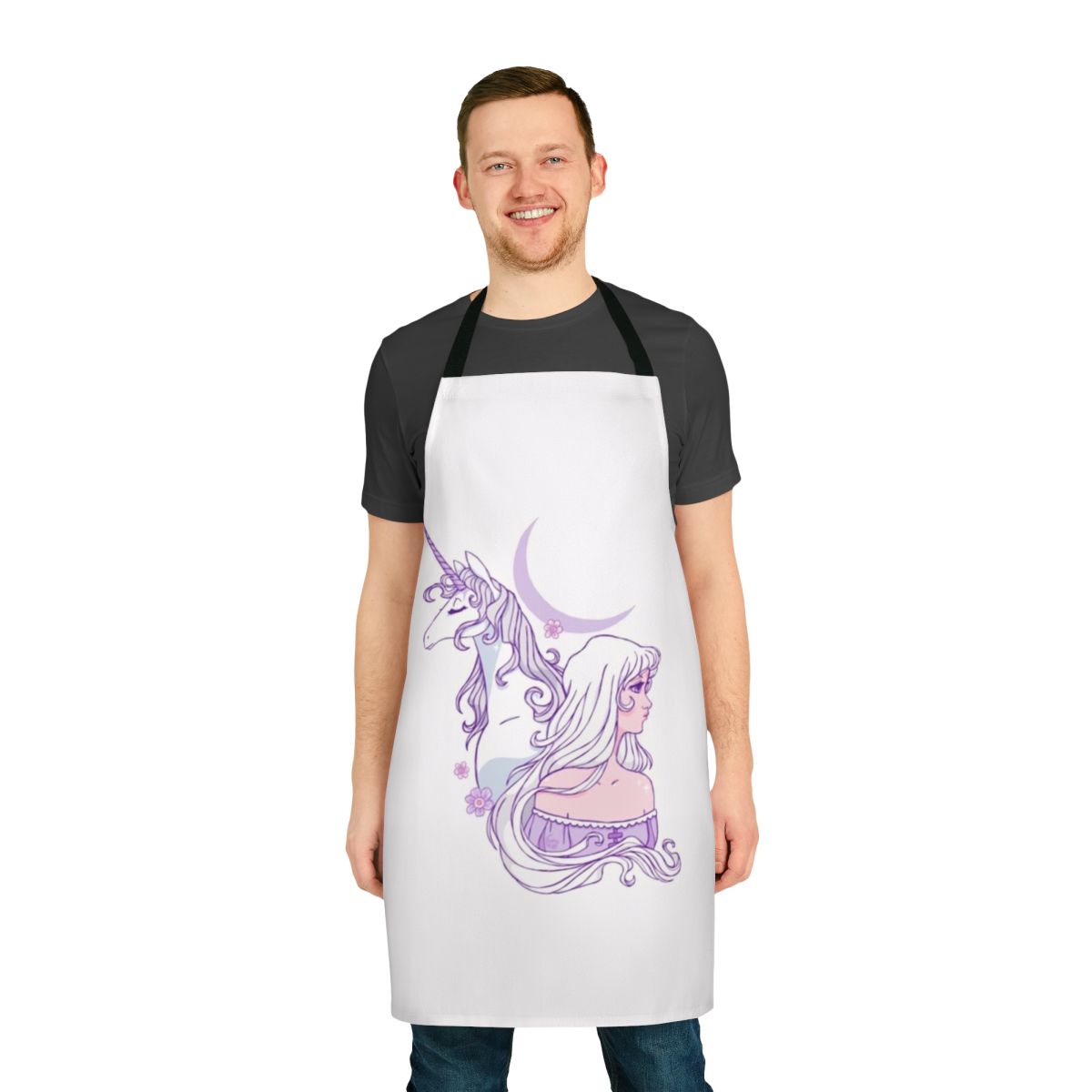 Whimsical apron featuring a unicorn design inspired by the classic animated film "The Last Unicorn"