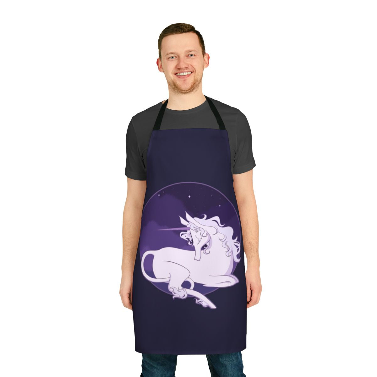 Enchanting purple apron featuring a whimsical unicorn and starry design