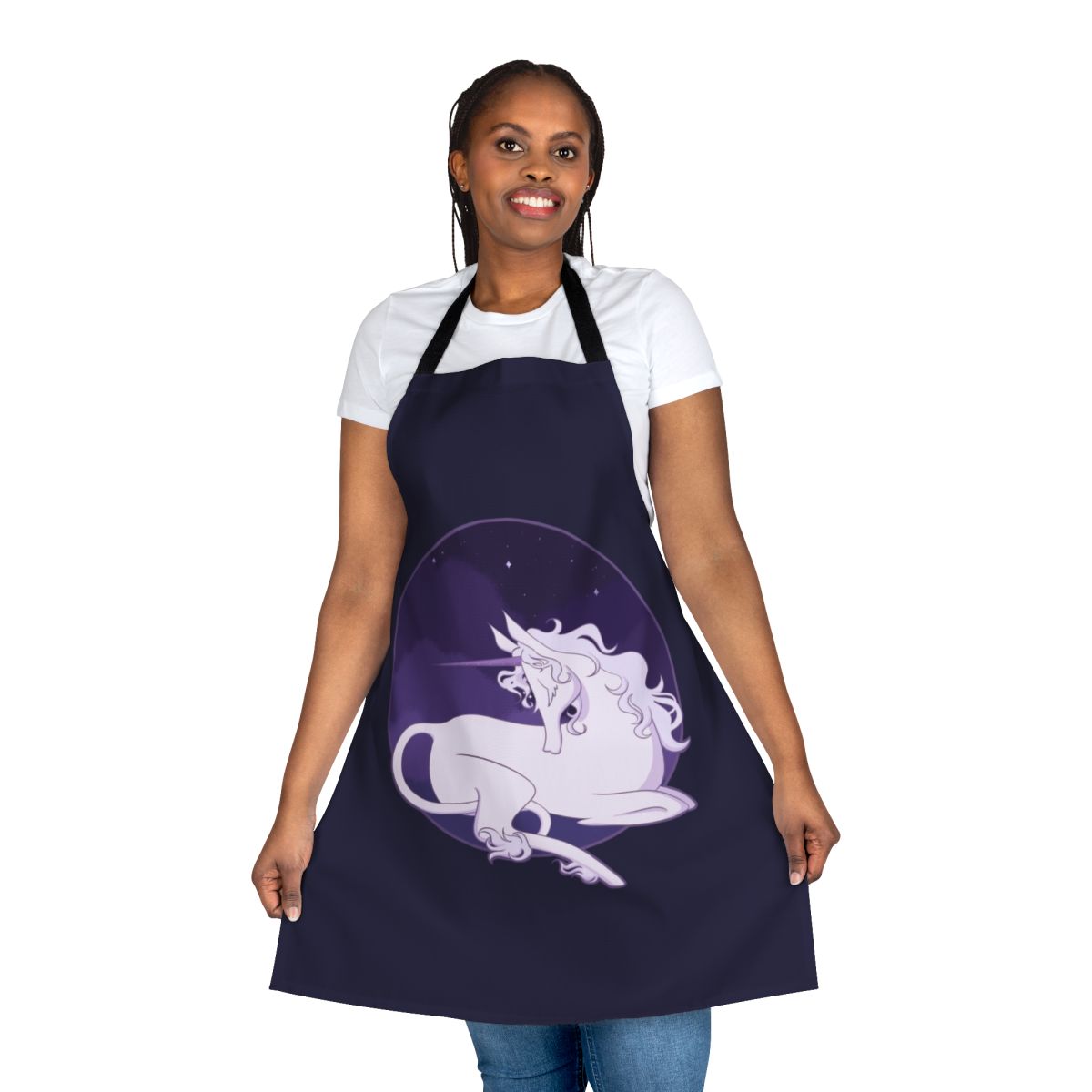 Enchanting purple apron featuring a whimsical unicorn and starry design