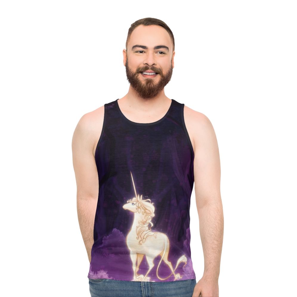 Unisex tank top with a unicorn in a lilac woodland design