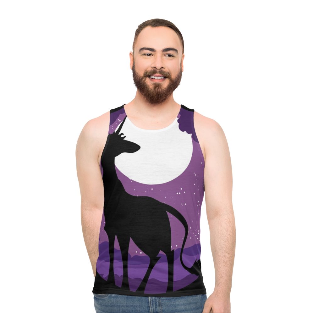 Unisex tank top with a unicorn in a moonlit forest design