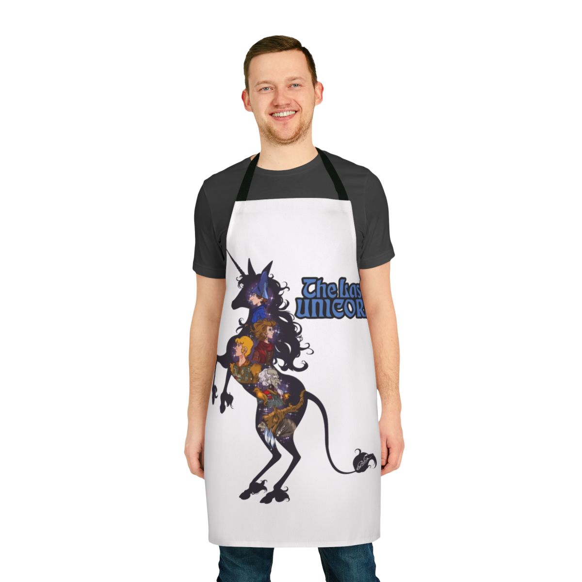 Whimsical apron featuring a silhouette of a unicorn in a magical, fantasy-inspired design