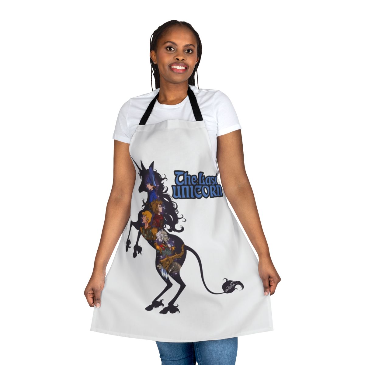 Whimsical apron featuring a silhouette of a unicorn in a magical, fantasy-inspired design