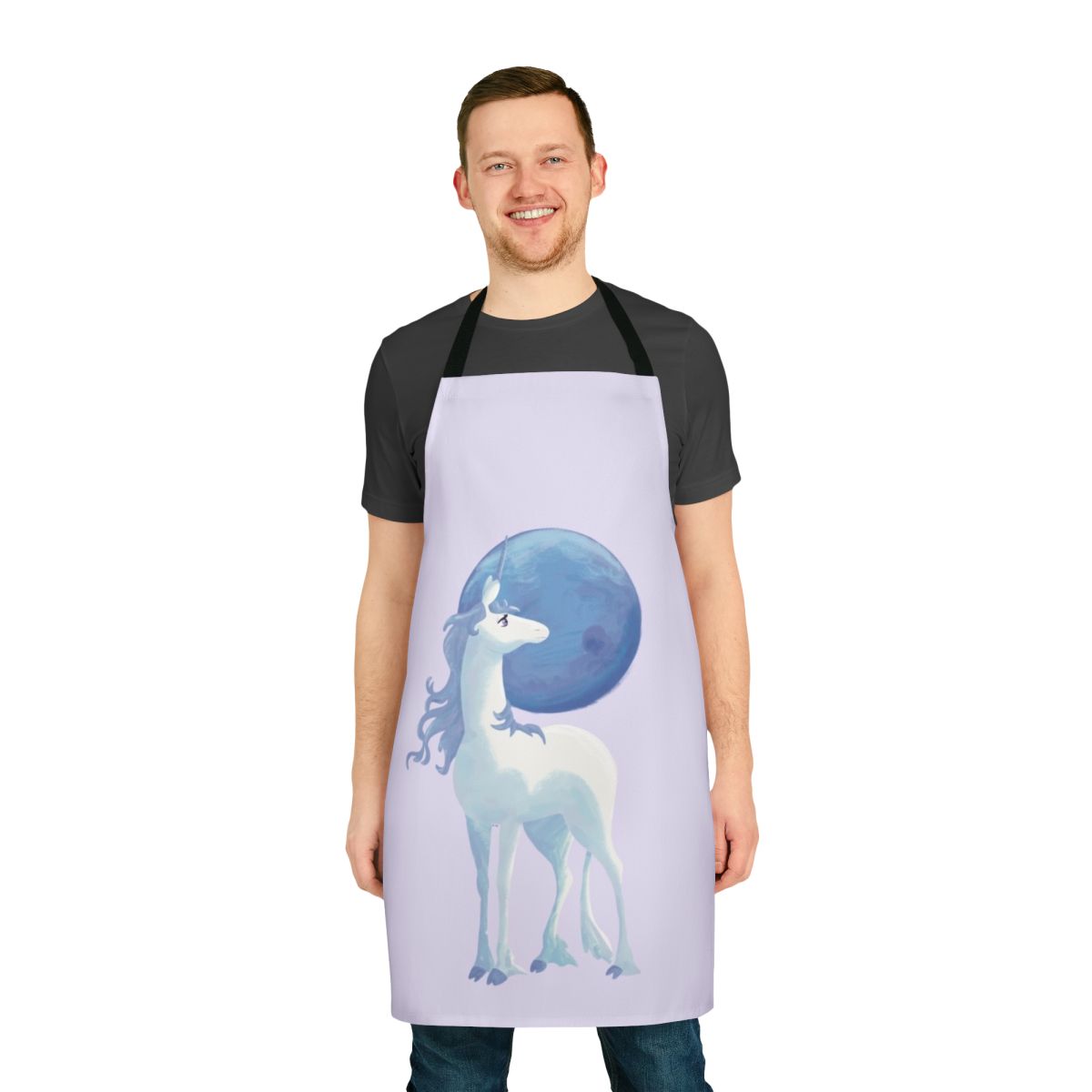 Apron featuring a silhouette of a mystical unicorn against a moon-lit night sky.