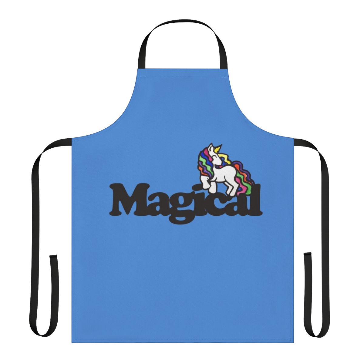 A whimsical, high-quality apron featuring a vibrant rainbow unicorn design.