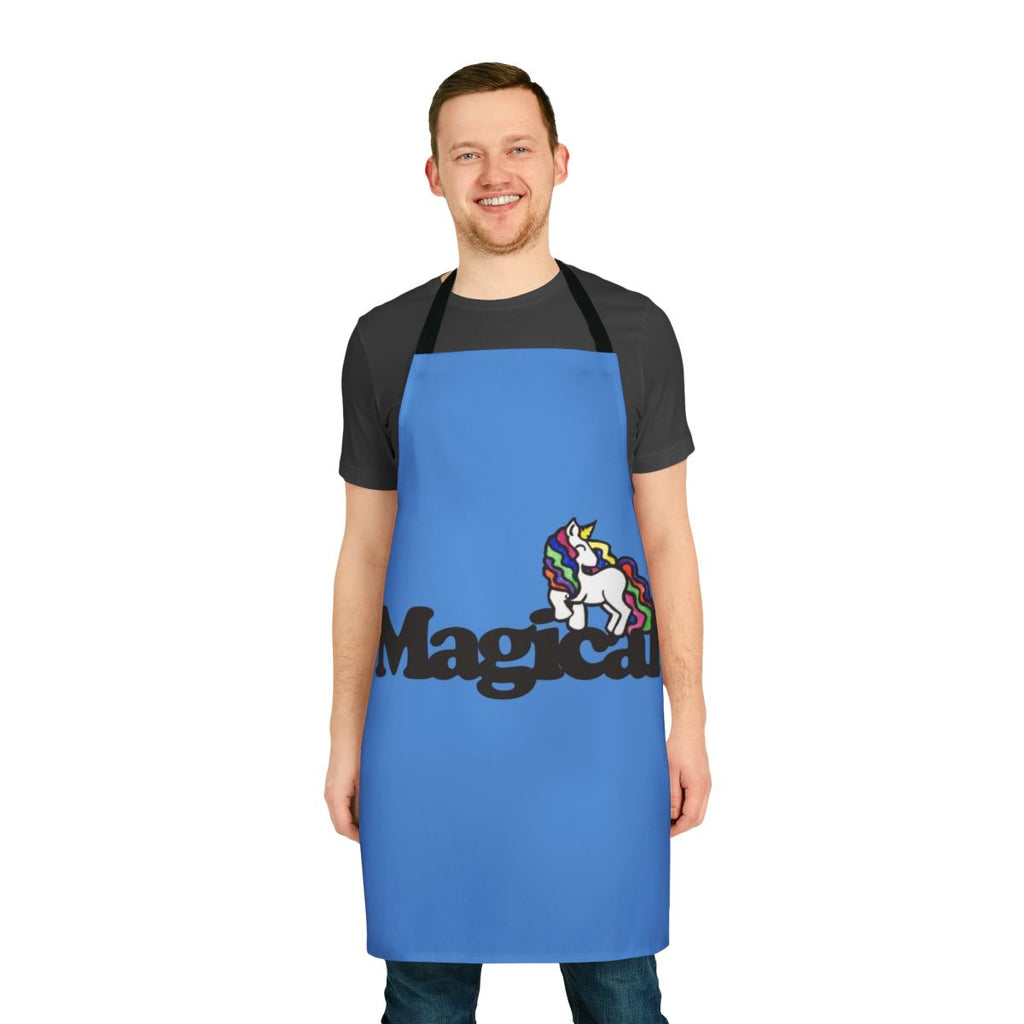 A whimsical, high-quality apron featuring a vibrant rainbow unicorn design.