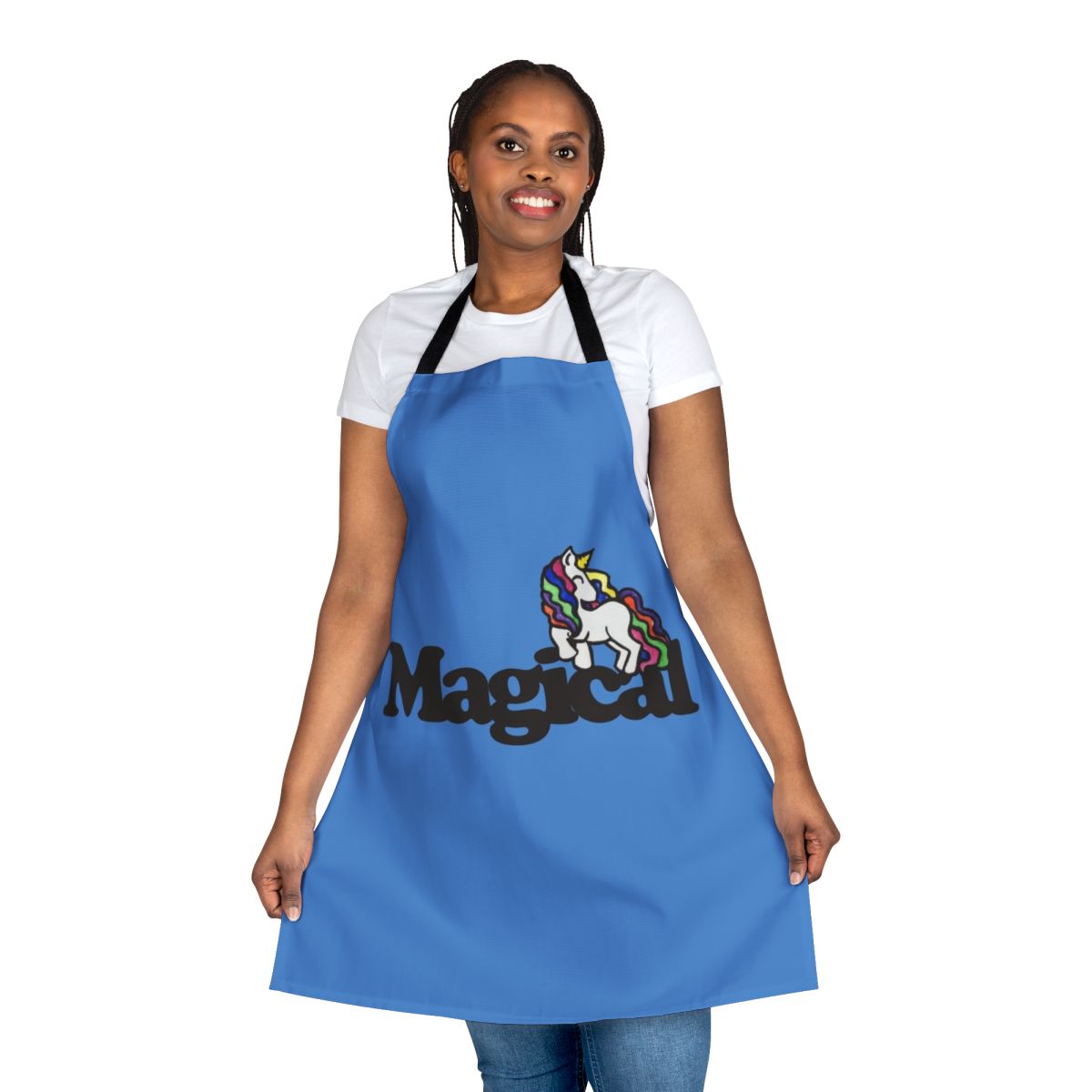 A whimsical, high-quality apron featuring a vibrant rainbow unicorn design.
